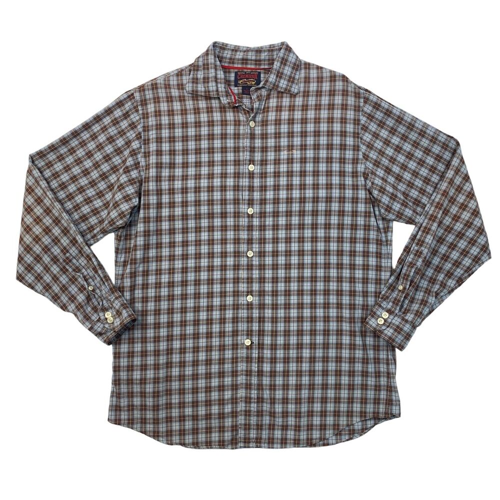 Cremieux Shirt Mens Large Blue Brown Button Up Gingham Plaid Cotton Long Sleeve